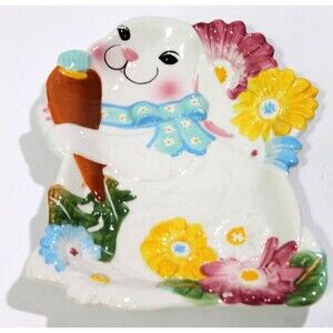 Chang Song Easter Bunny Embossed Decorative Ceramic Candy Plate Dish 8” x  7”